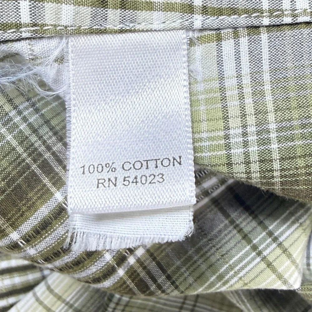 Banana Republic Western Shirt Mens Large Olive Green Plaid Pearl Snap Slim Fit